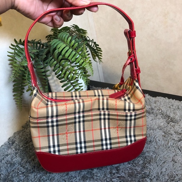 BURBERRY Vintage Red Leather Trim Haymarket Shoulder Bag Adjustable Strap - Picture 7 of 17